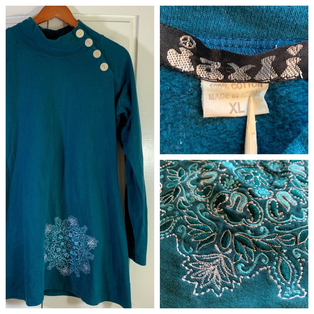 Teal‎ Boho Nepal Tunic Top XL Long Sleeve Embroidered Button Neck Casual Comfy